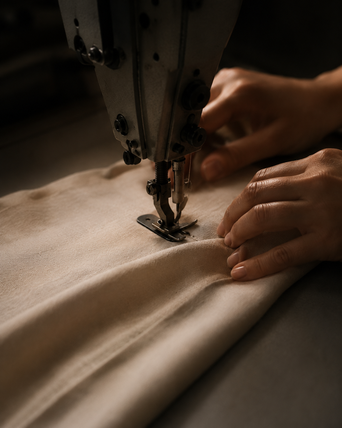 Máquina de coser trabajando una pieza premium